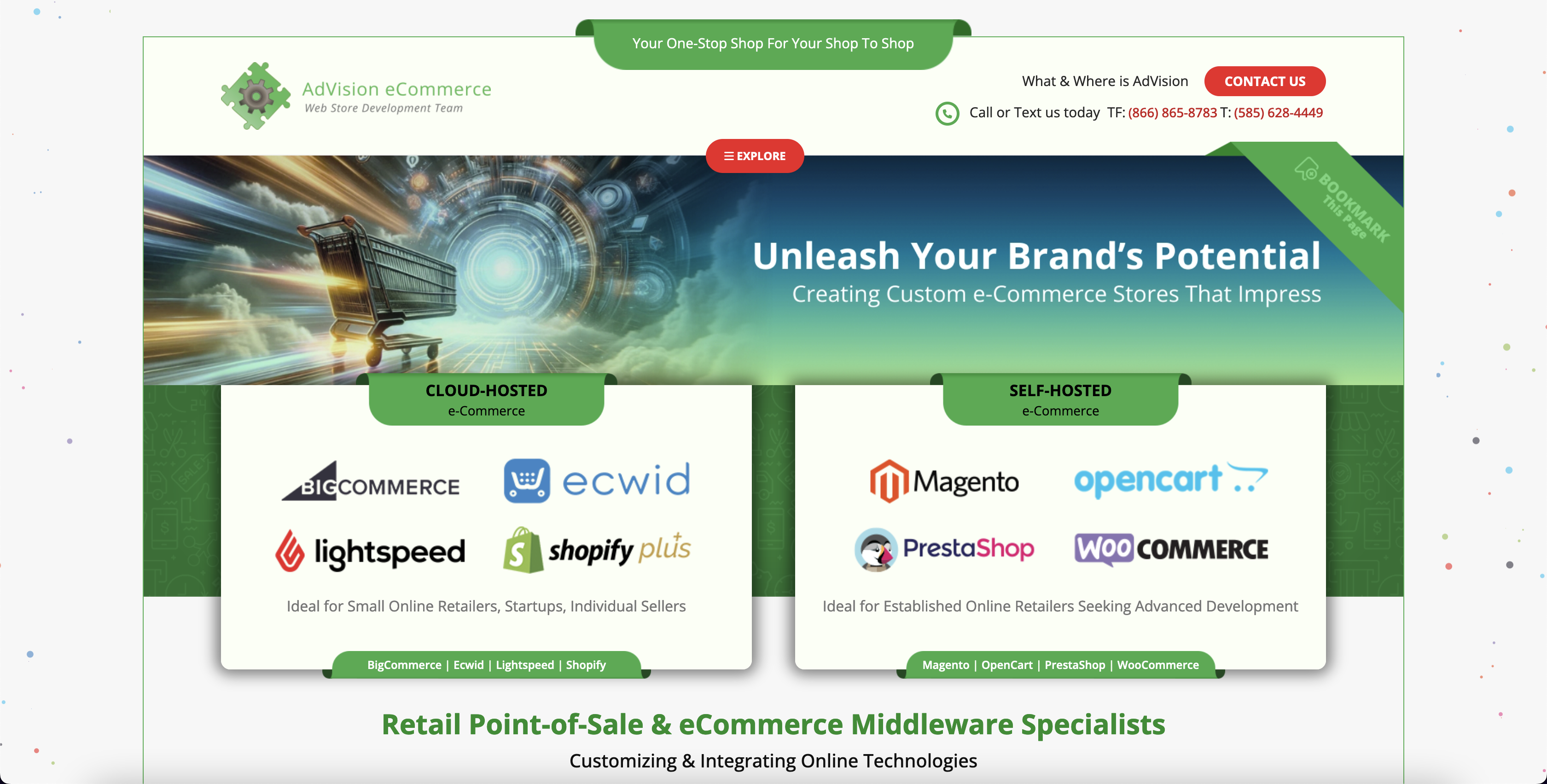 Image of the homepage for adVision eCommerce