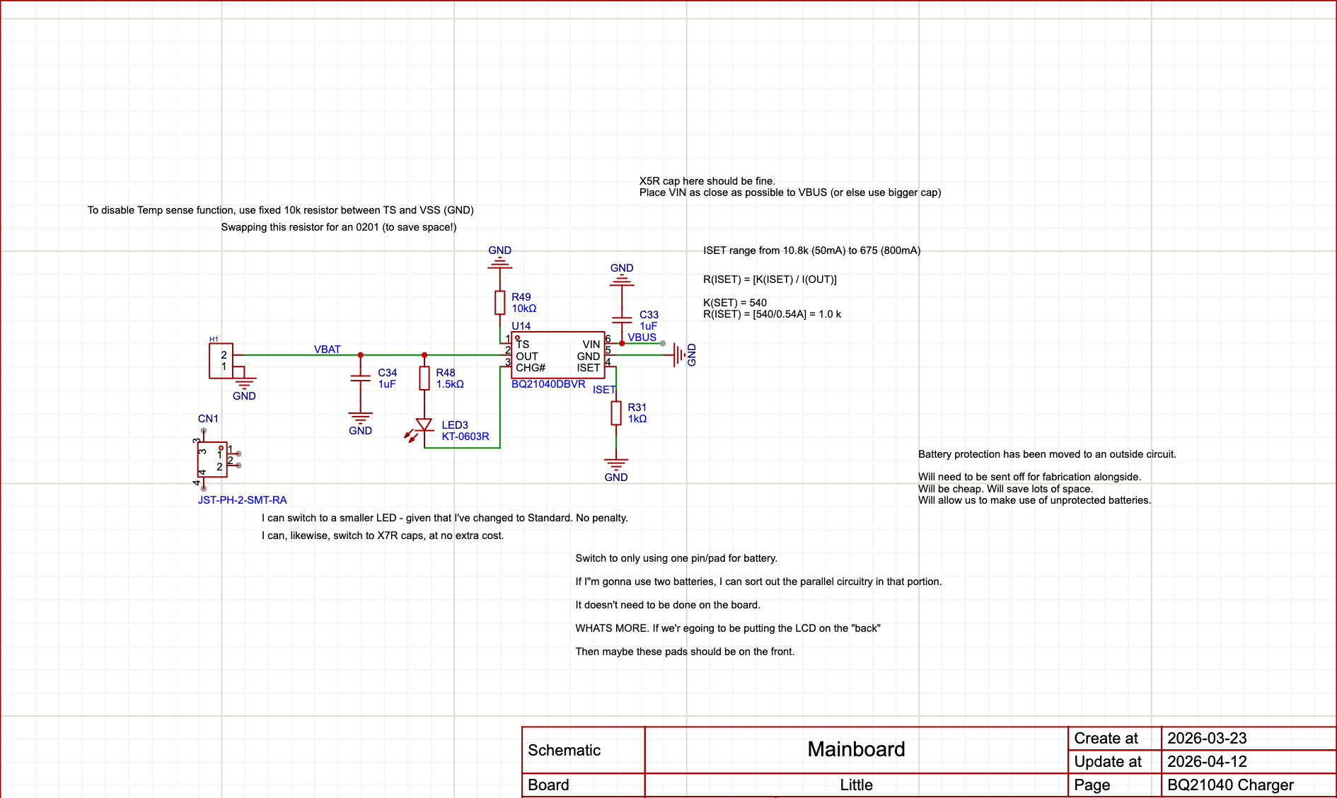 BQ21040 Li-Ion Charger Schematic