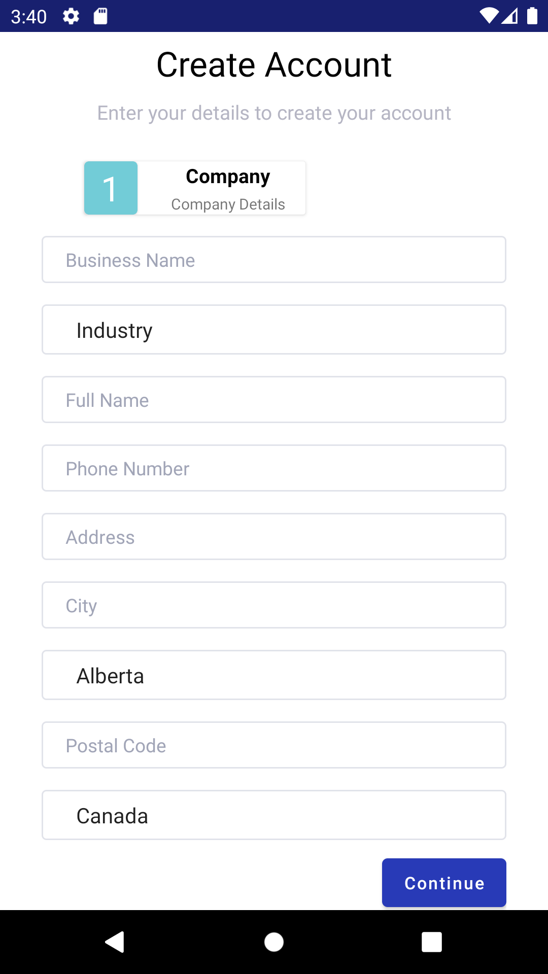 Create Account - Company Details page for the Motiometer android app