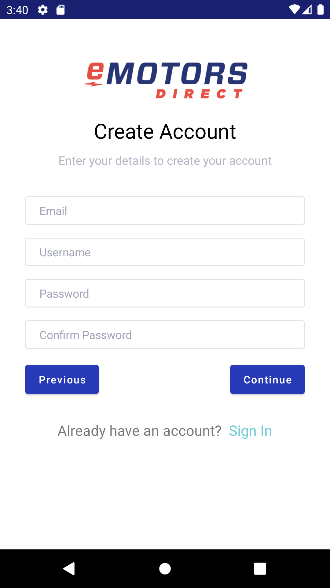 Create Account - Personal Details page for the Motiometer android app