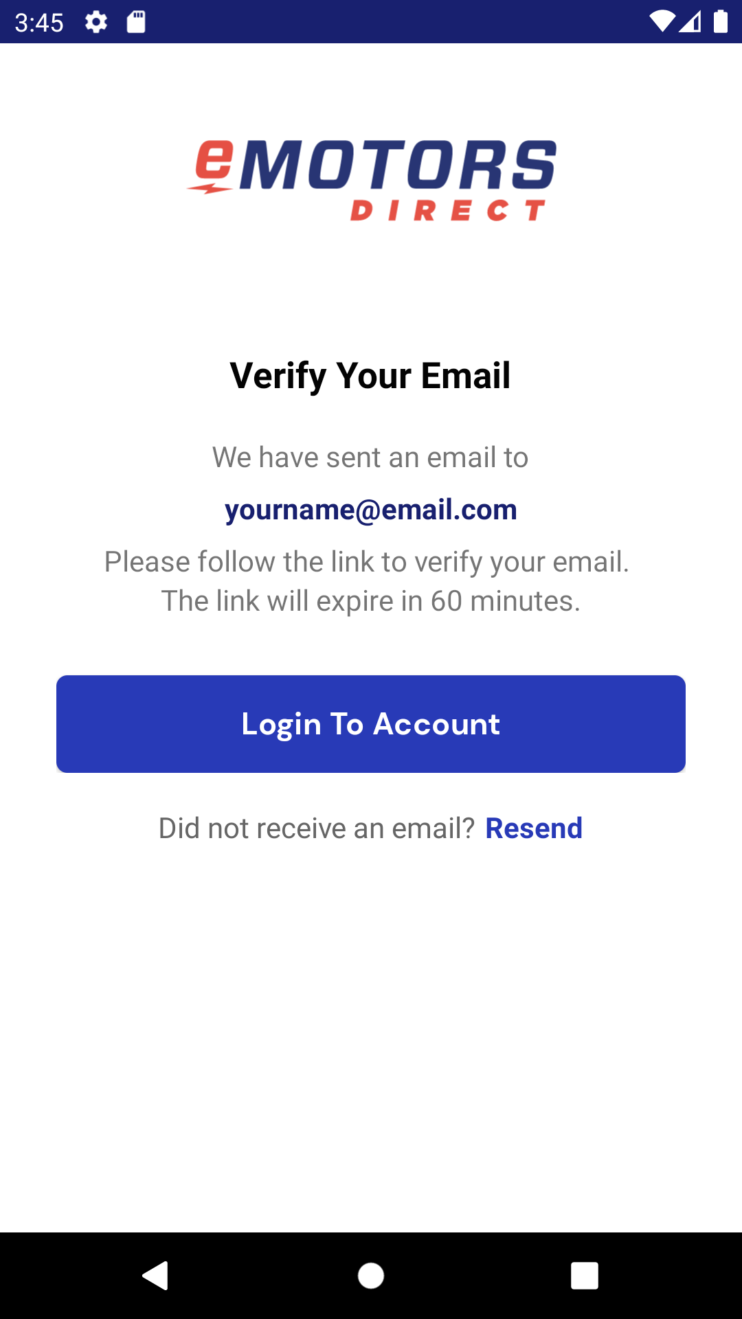 Create Account - Verify Email page for the Motiometer android app