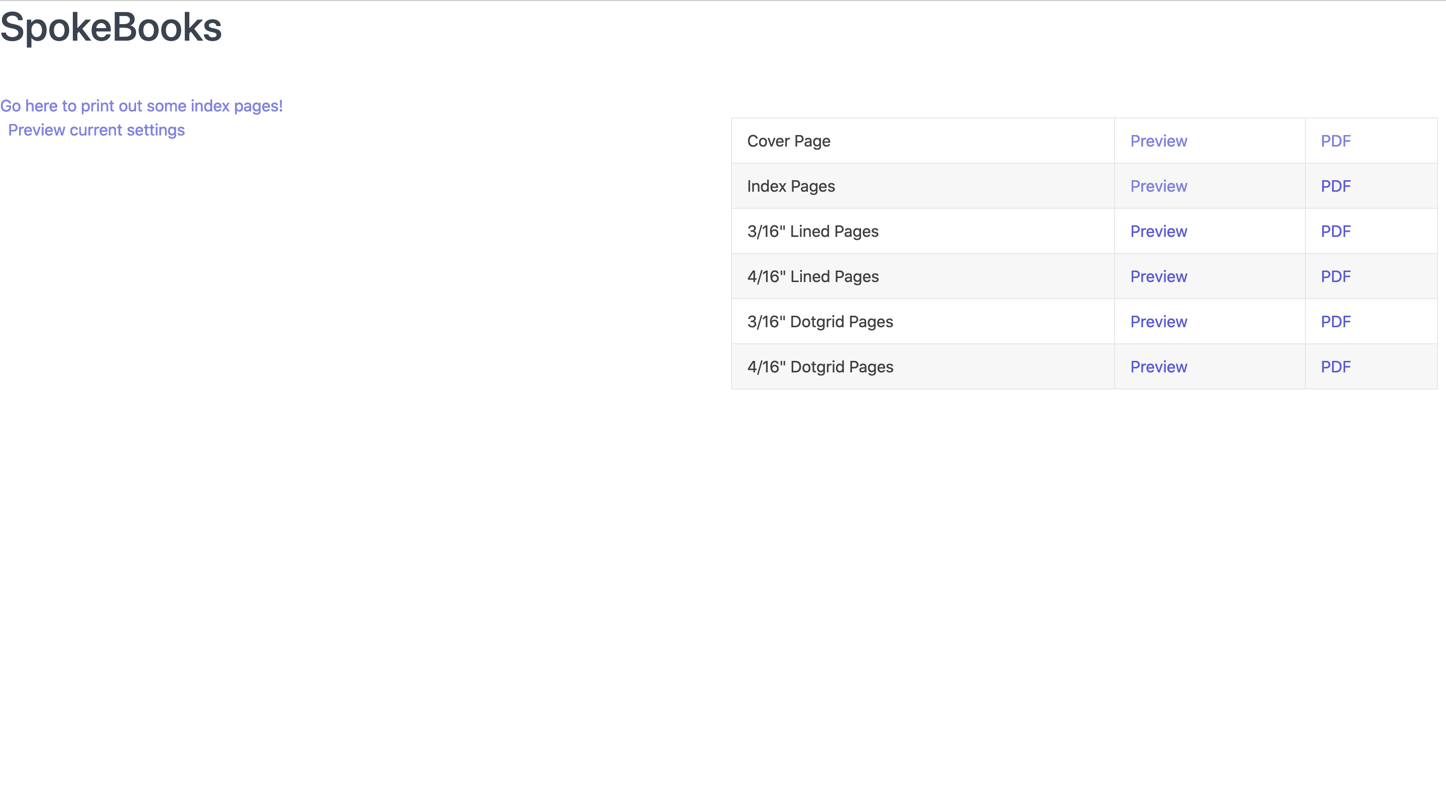Webpage for the Pages app, showing the various page designs I created.