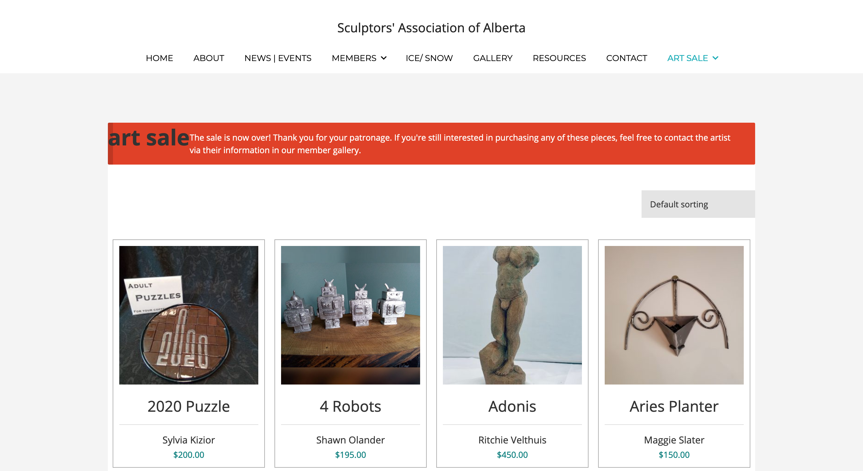 Image of the listings page for the Pivot Point Art Sale & Show, after the sale had ended, displaying a banner stating as such.