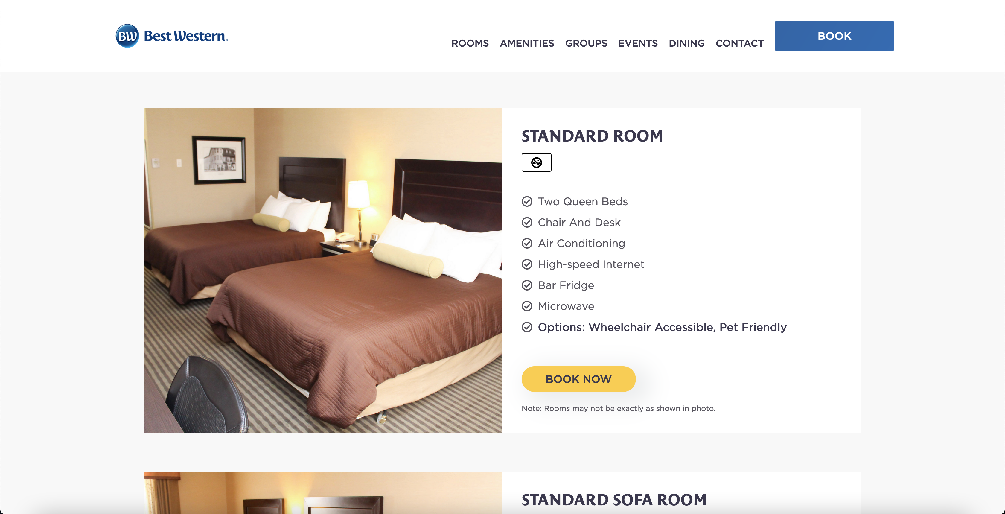 Information about a standard room at the Best Western Sunrise Inn & Suites