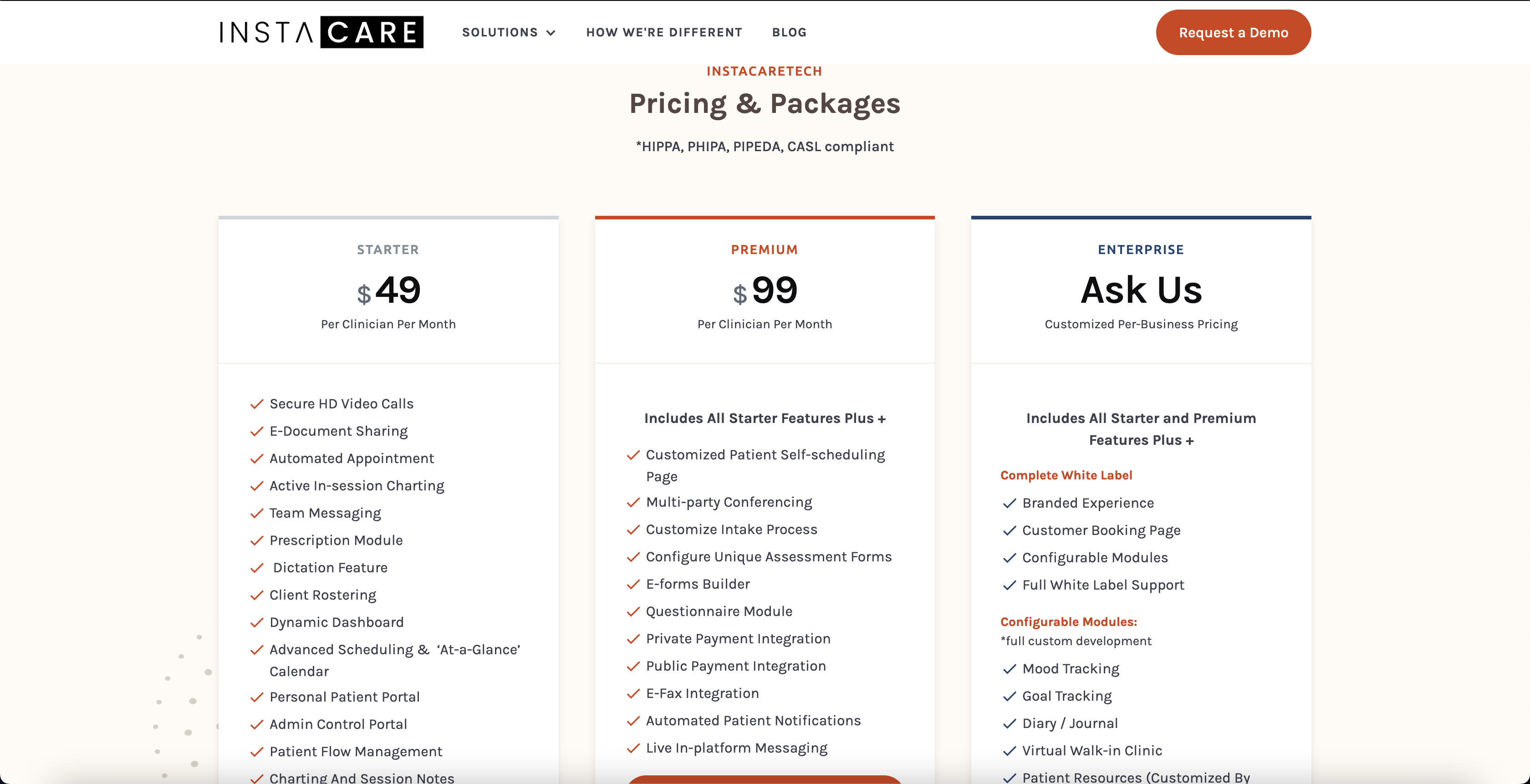 Pricing page from instacaretech.com, where visitors can find out how much we charge for our SAAS product.