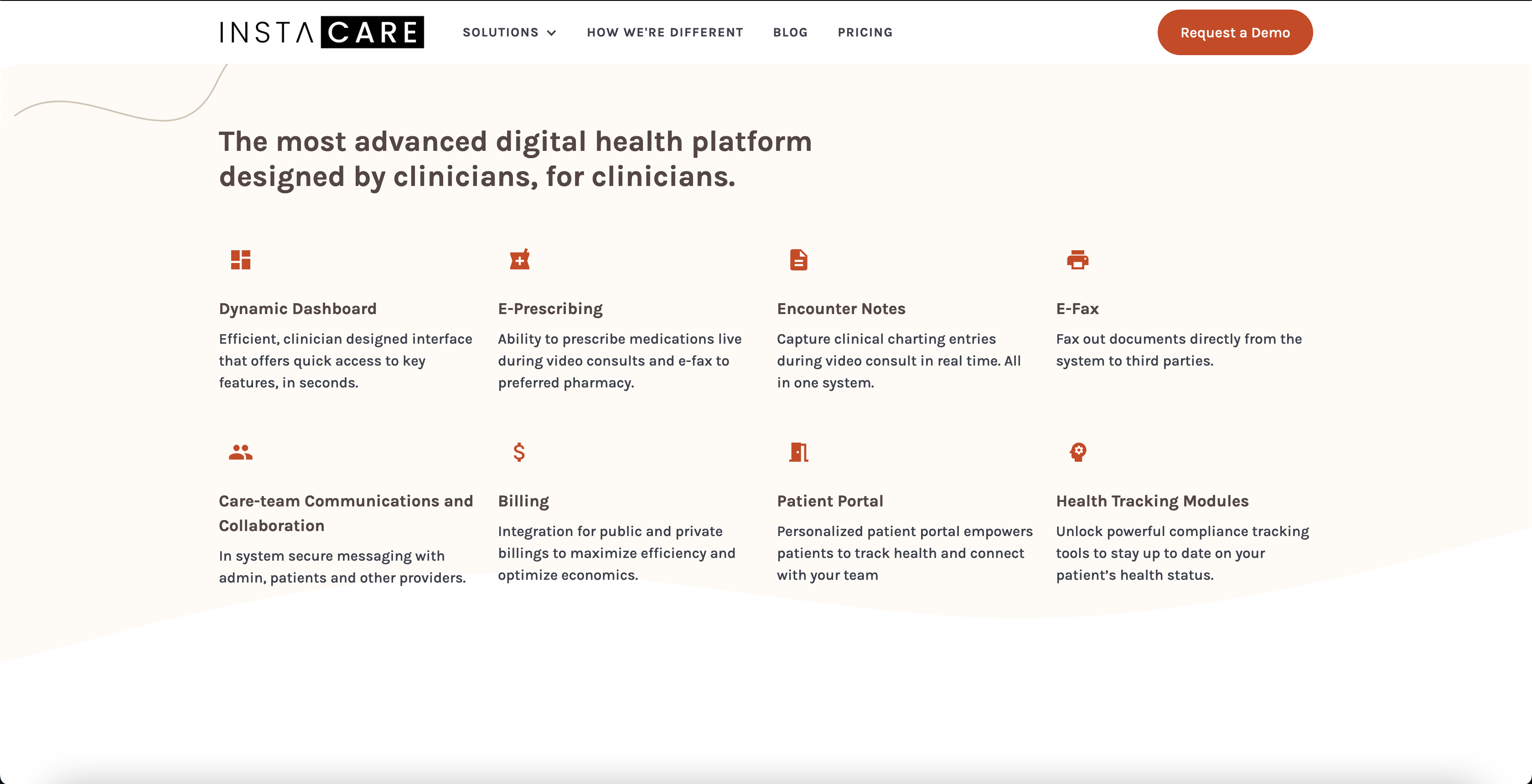 Solutions page from instacaretech.com, explaining what we have on offer with our SAAS product.