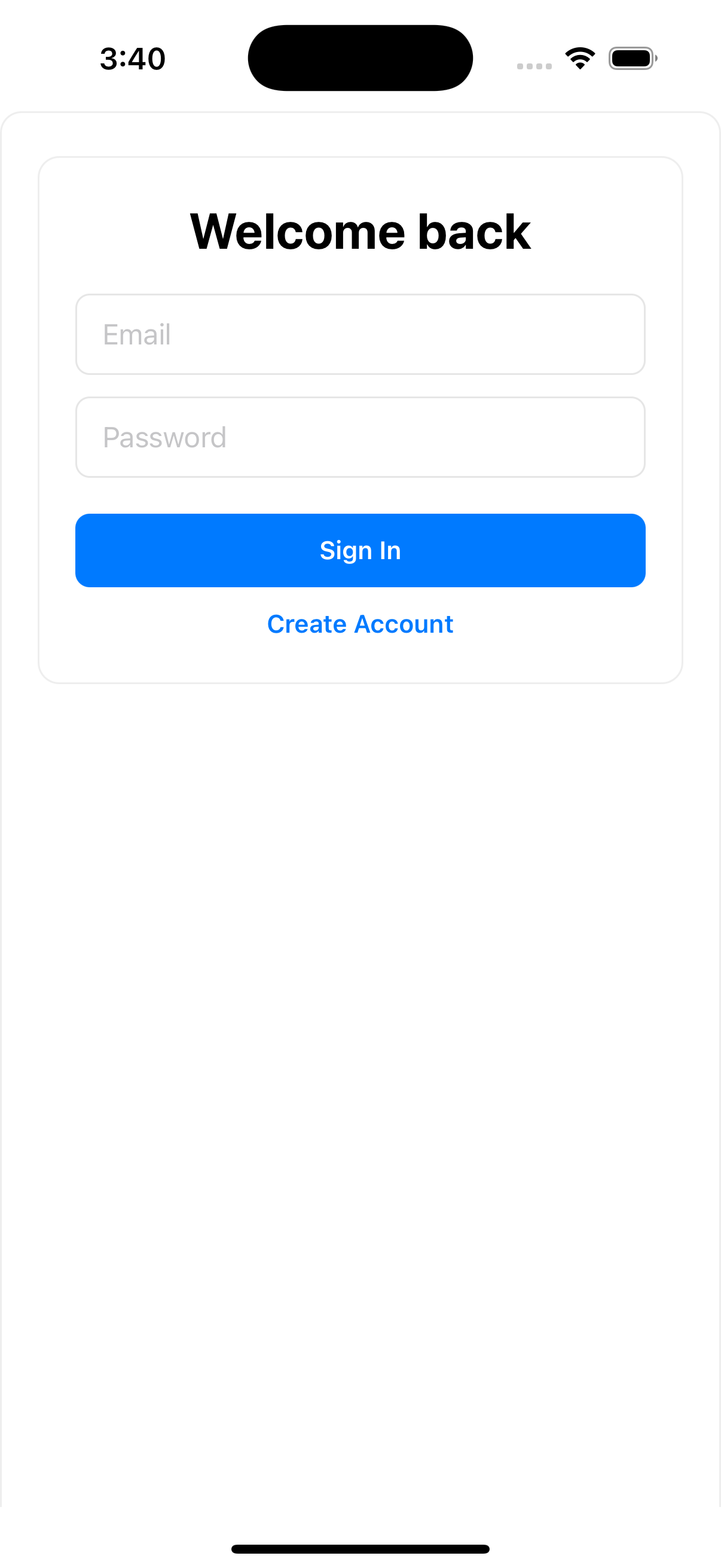 Login Screen, where users can sign in, or create an account.
