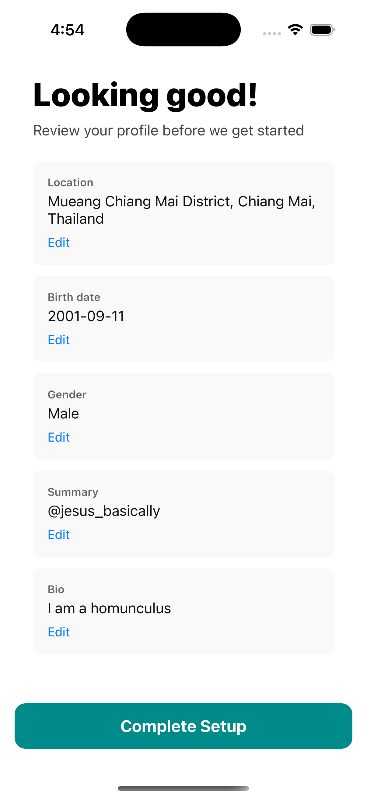 Part of the onboarding flow, we present the user with the data collected thus farr, and give them the opportunity to jump back in the flow, and edit what they've provided, or else to complete their account setup.