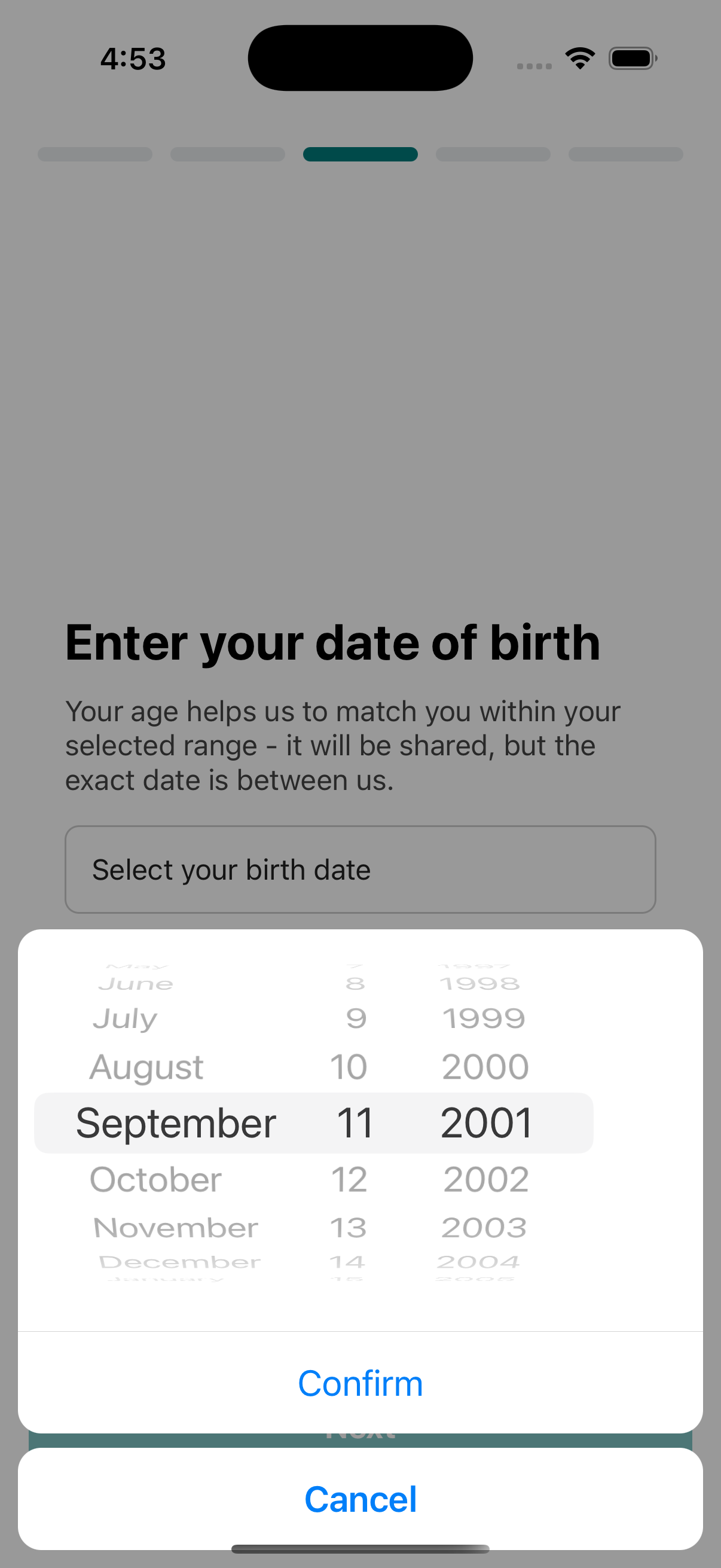 Part of the onboarding flow, the user is selecting their date of birth using a modal.
