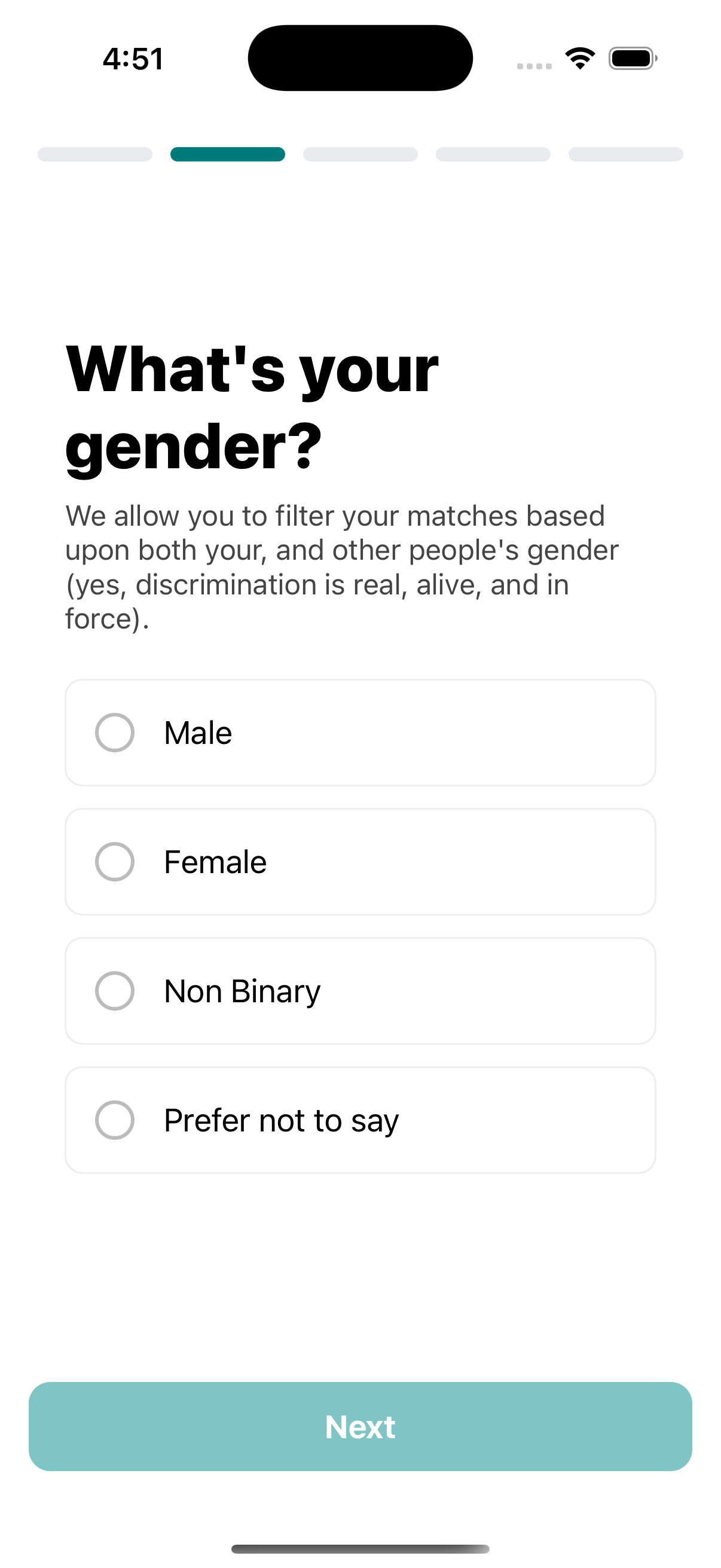 Part of the onboarding flow, we are asking the users for their gender, providing the options of male, female, non-binary, or the preference not to say.