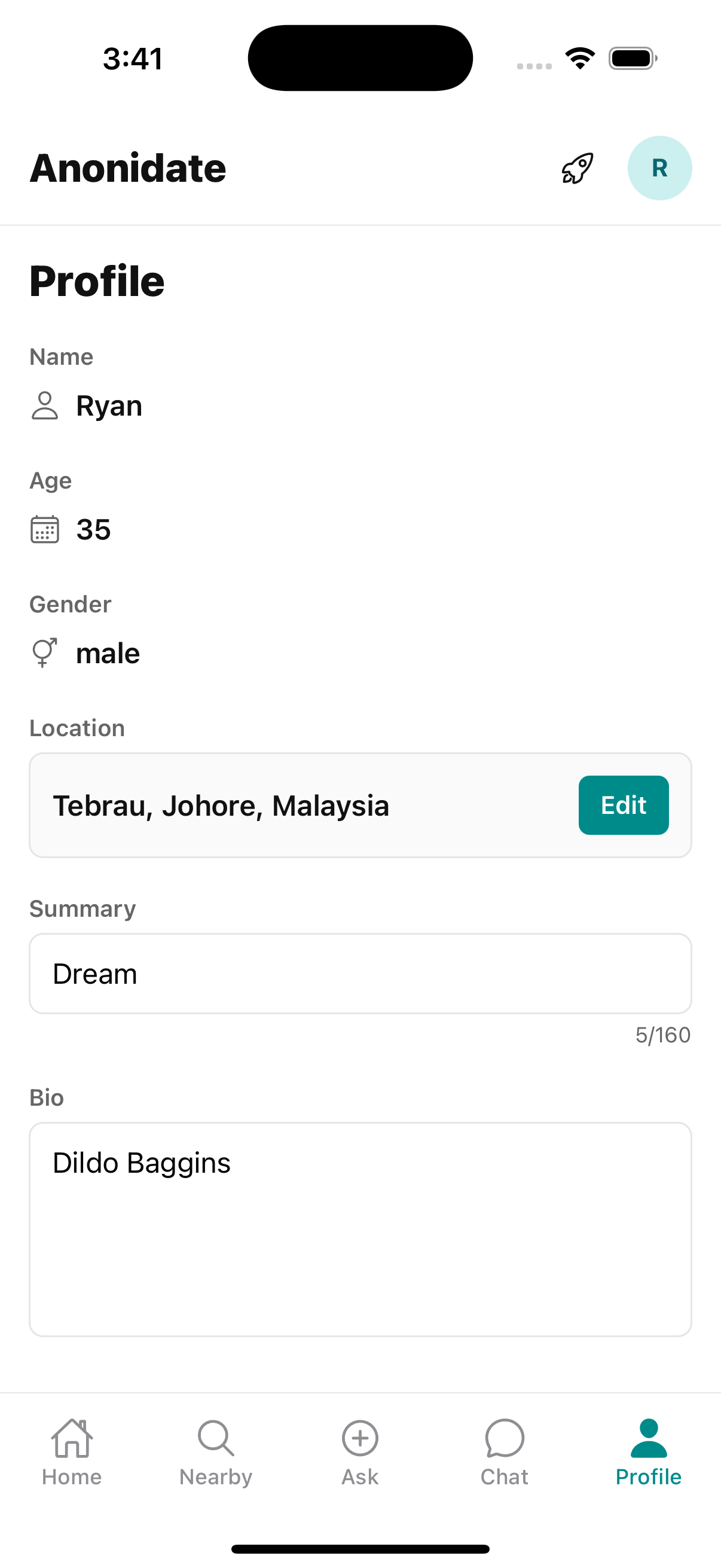 The user profile screen, where you can view your name, age, and gender, as well as edit your location, summary, and bio.