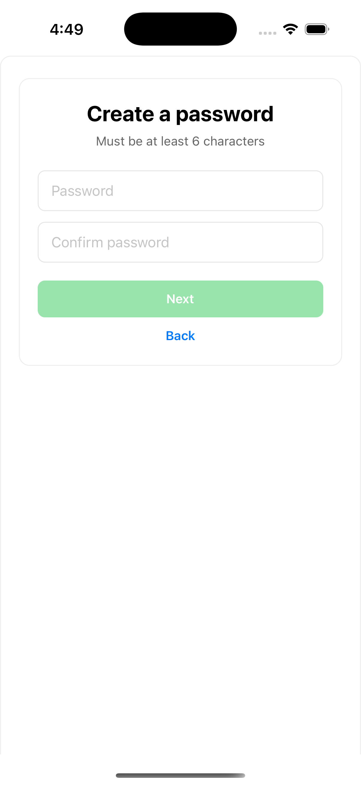 Part of the registration flow, the user is asked to enter a password, and a valid password combination, or else go back to the prior screen.