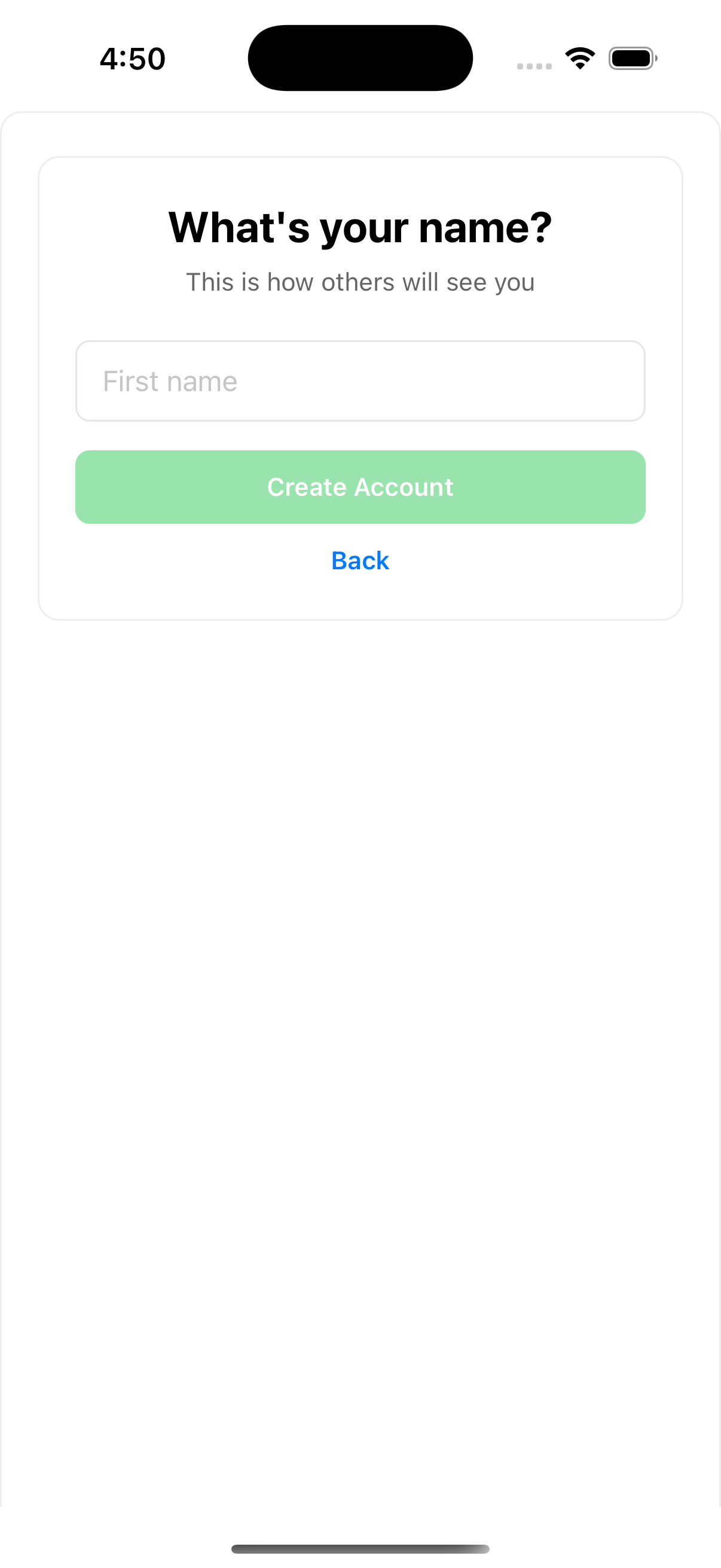 Part of the registration flow, the user is asked to provide their name.