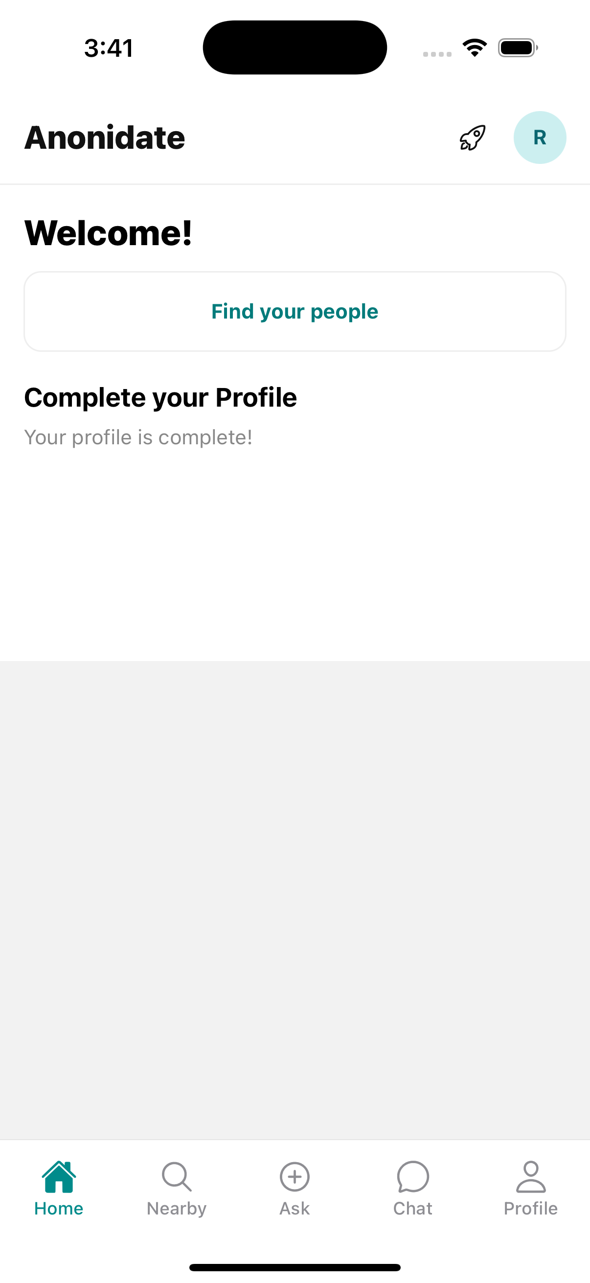 The home screen for the app.